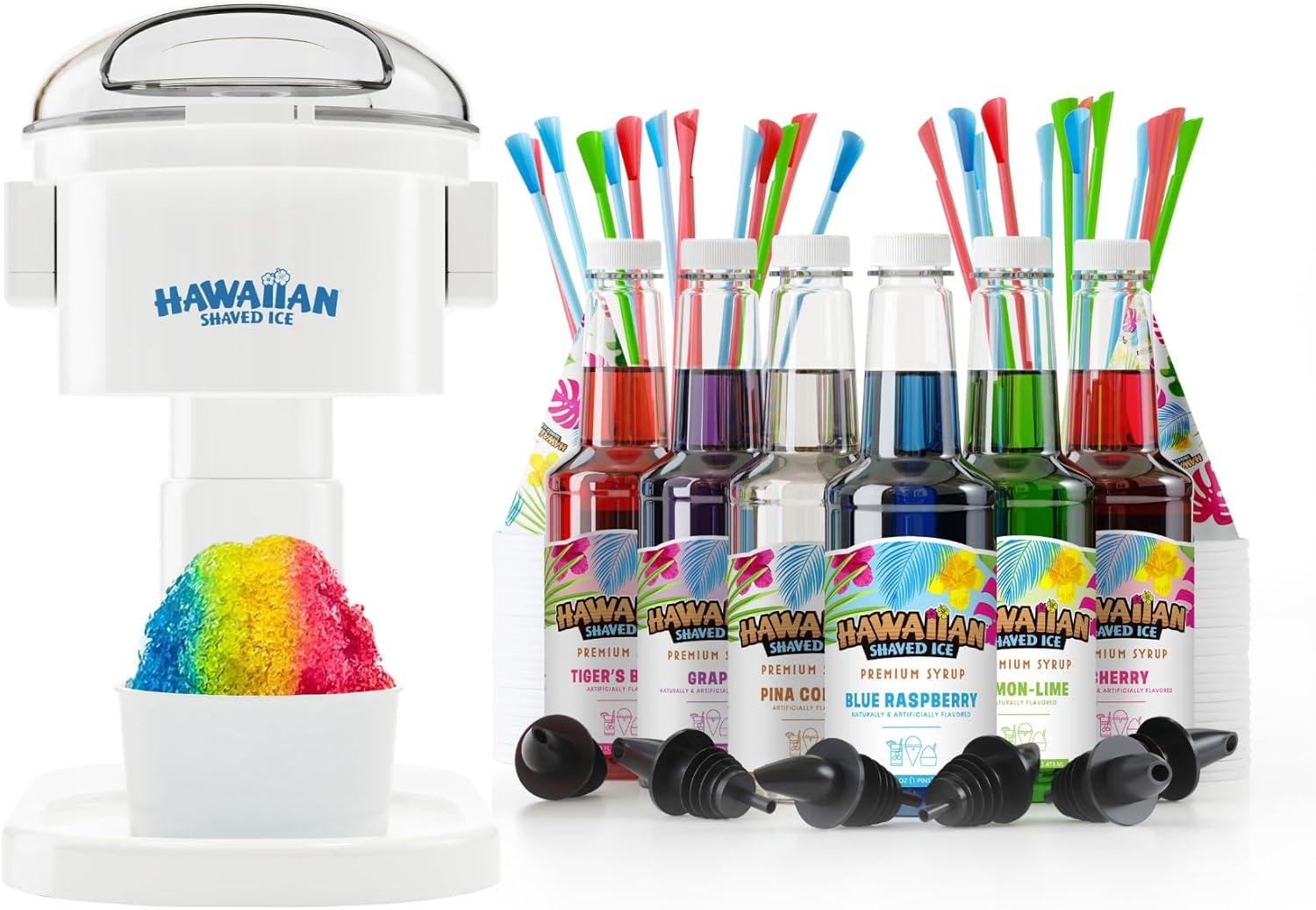 Hawaiian Shaved Ice Electric Home Snow Cone Maker Kit with 6 Flavors and Supplies