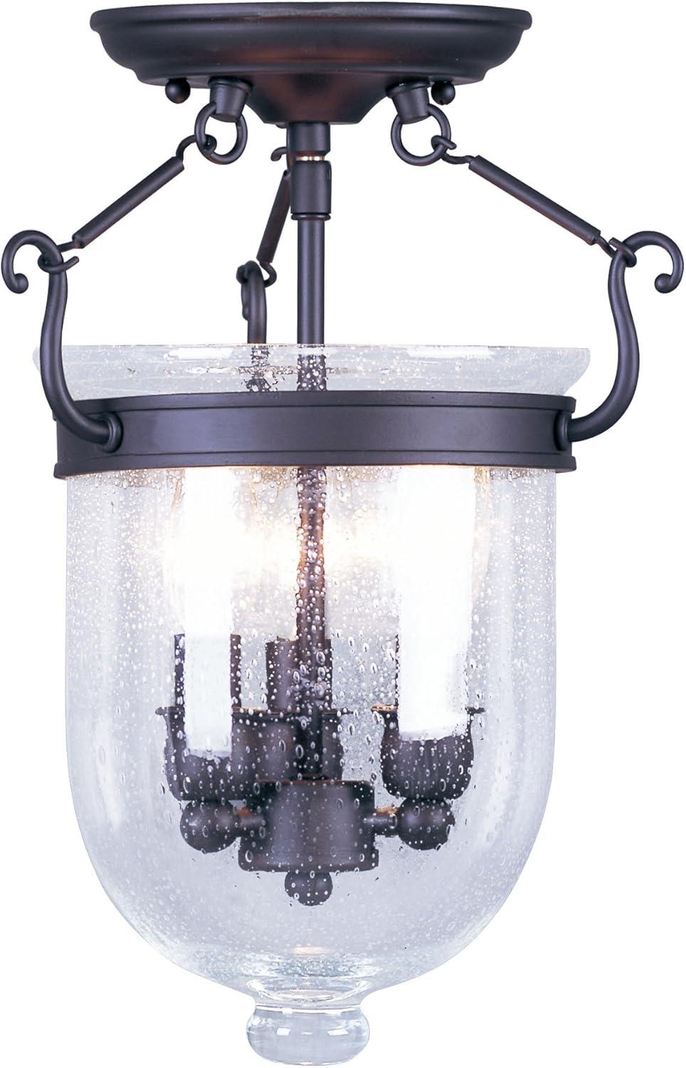 Jefferson Seeded Glass 3-Light Bronze Jar Flush Mount with Polished Nickel Accents