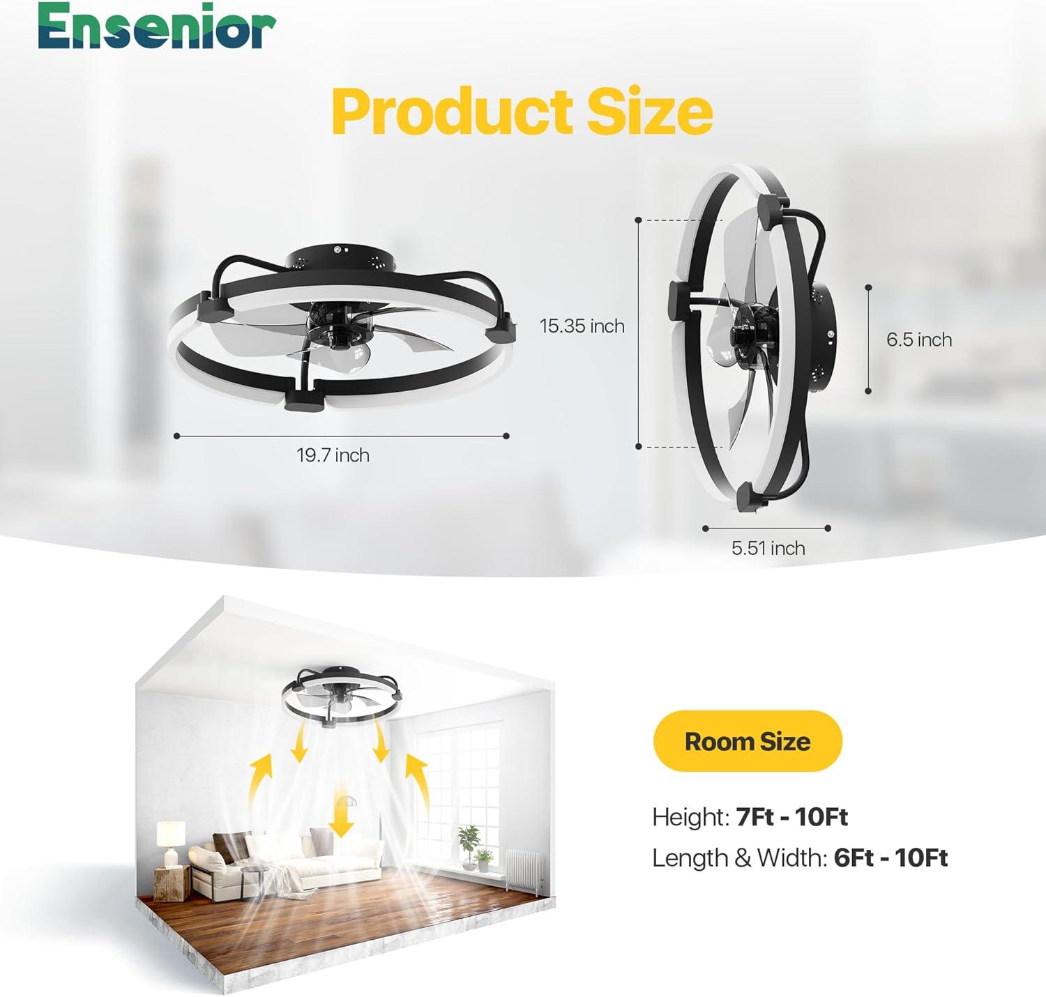 Ensenior 20'' Low Profile Ceiling Fans with Lights and Remote, Fandelier Ceiling Fan Flush Mount, APP Control, 6 Speed & 3000K-6500K Stepless Dimmable Small Ceiling Fan with Light for Bedroom - Black