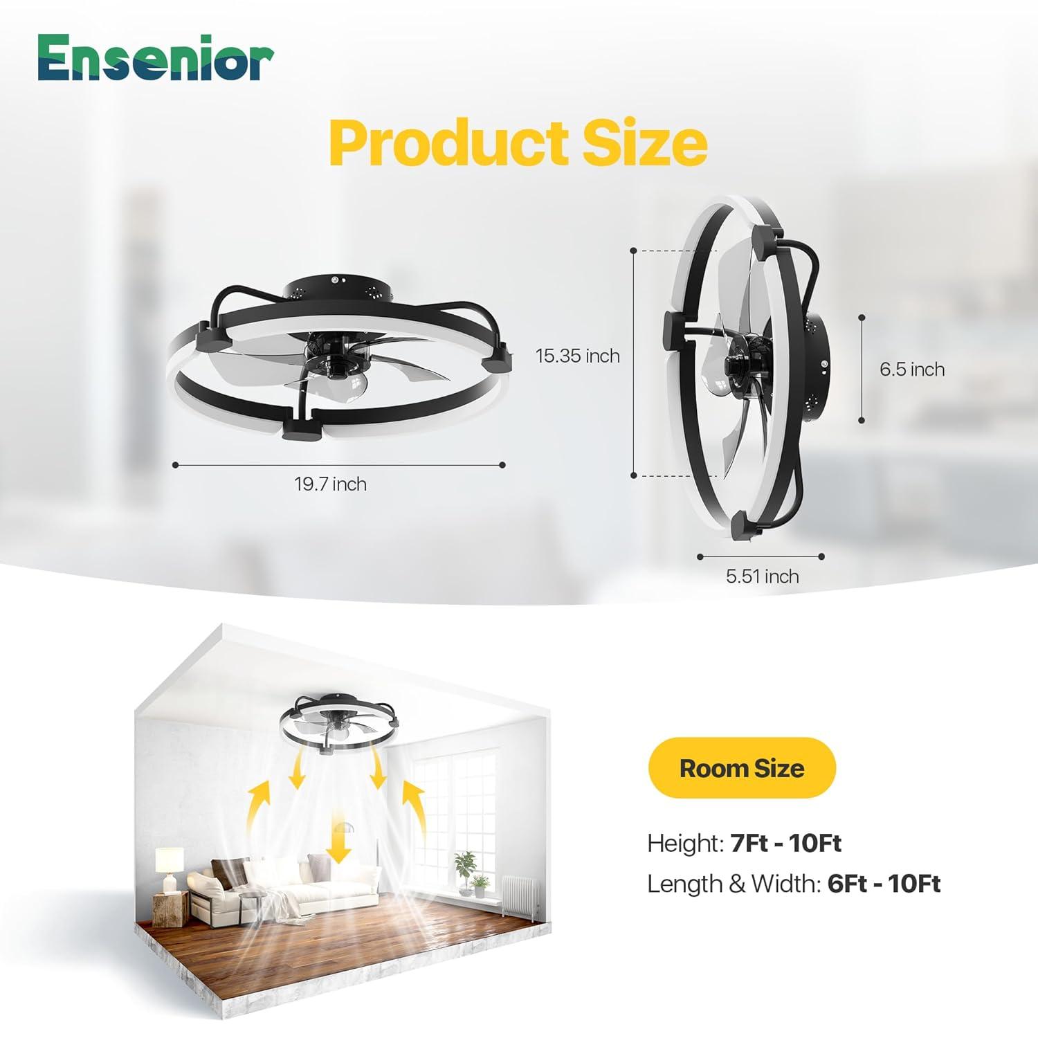 Ensenior 20'' Low Profile Ceiling Fans with Lights and Remote, Fandelier Ceiling Fan Flush Mount, APP Control, 6 Speed & 3000K-6500K Stepless Dimmable Small Ceiling Fan with Light for Bedroom - Black