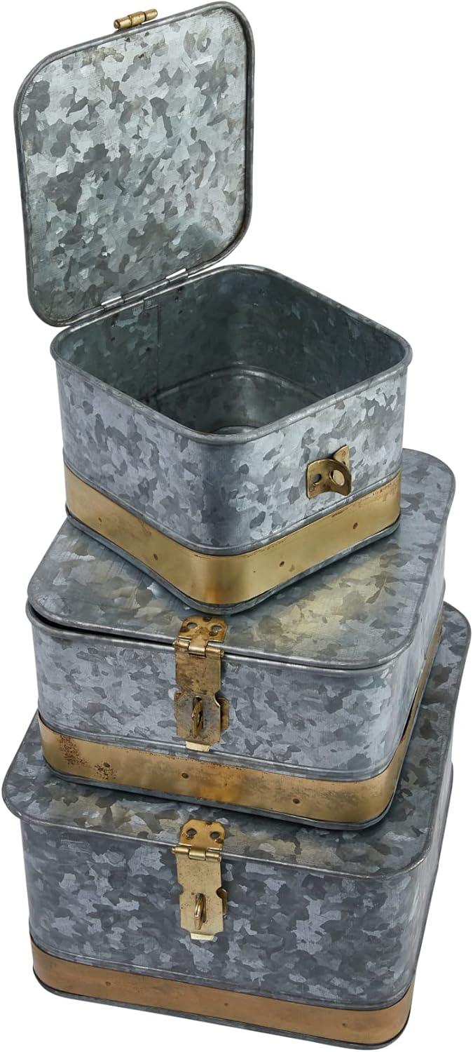 Woven Paths Decorative Galvanized Metal Boxes with Lids & Brass Accents (Set of 3 Sizes)