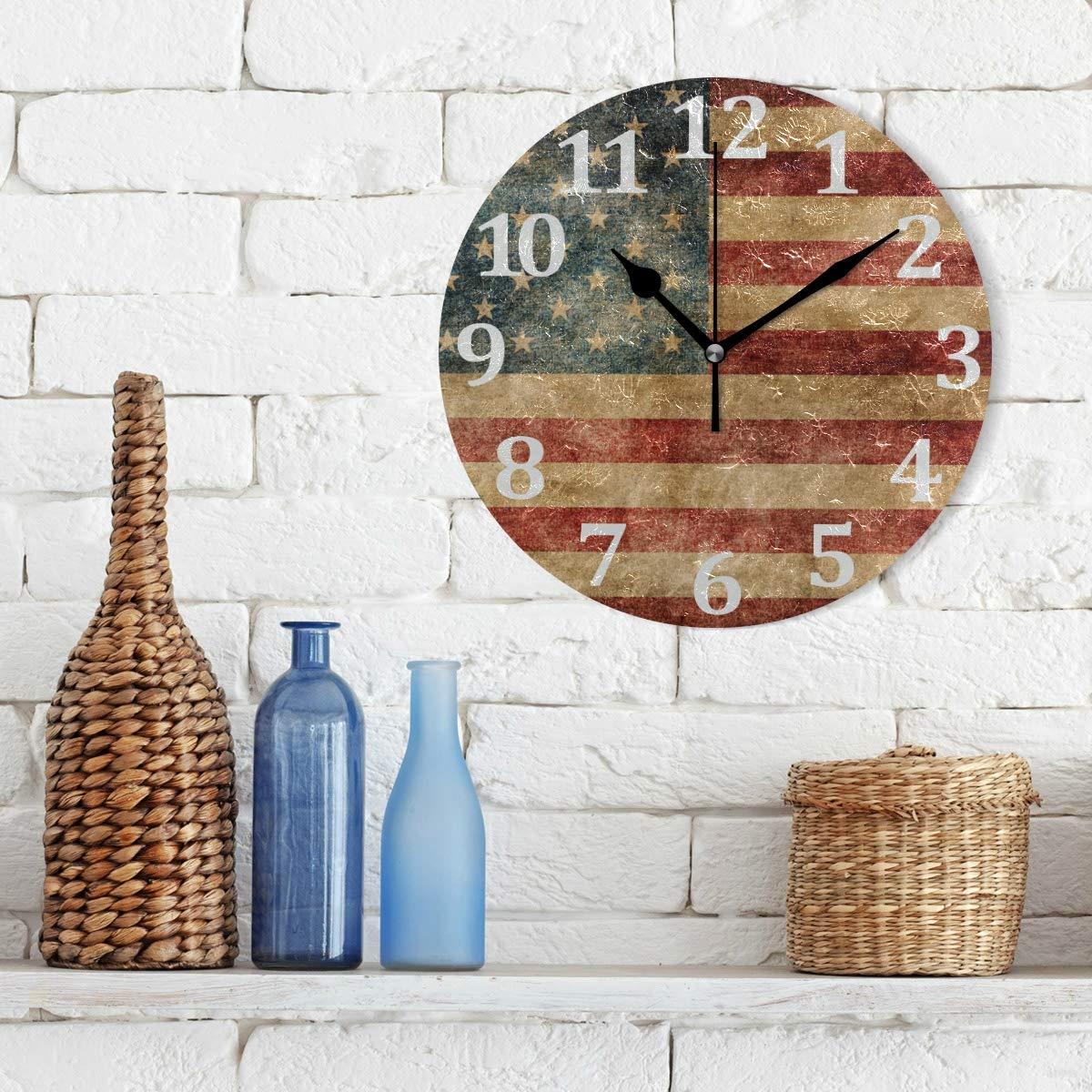 American Flag Wall Clock Round Vintage Silent Non Ticking Battery Operated Accurate Arabic Numerals Design Decorative for Home Kitchen Living Room Bedroom 10 Inch