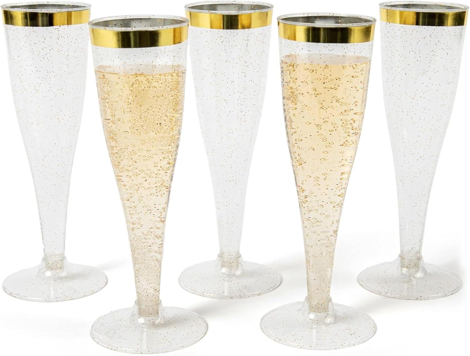 Prestee 24 Champagne Flutes Disposable, Gold Rim Glitter Plastic Cups