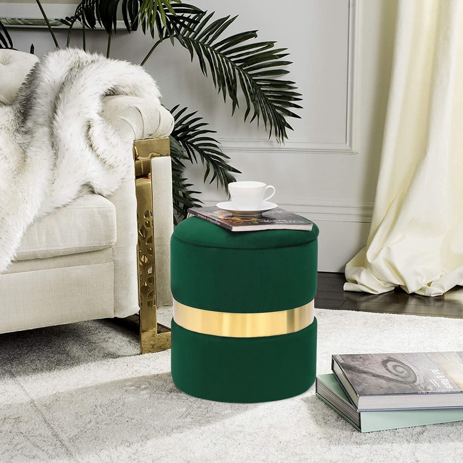Green Velvet Round Storage Ottoman Set with Gold Accent