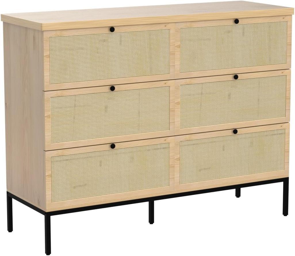 Natural Rattan 6-Drawer Dresser with Black Steel Legs