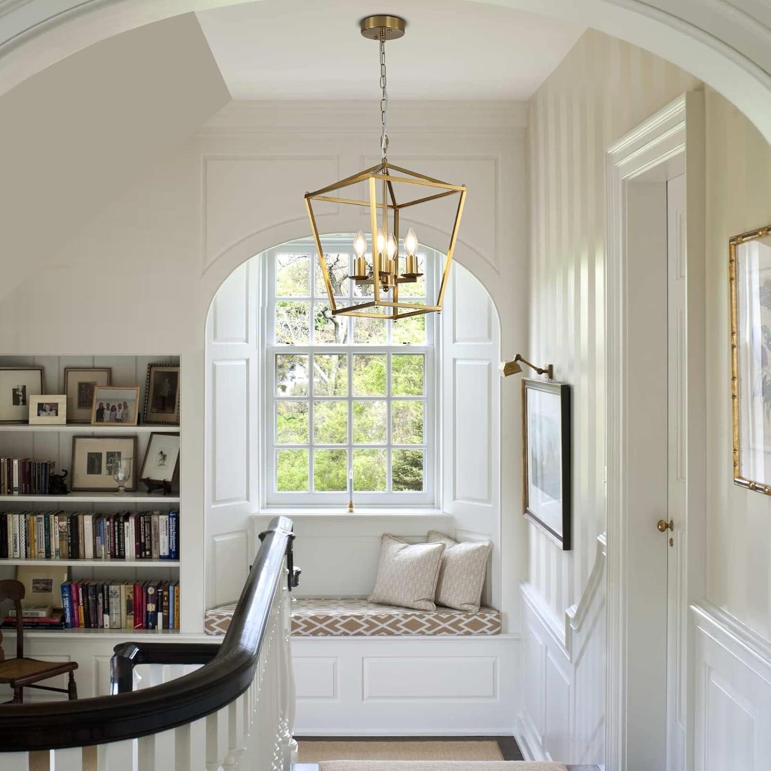 Rustic Lantern Chandeliers 4-Light Ceiling Cage Hanging Lights Gold Pendant Light Fixtures for Kitchen Island Dining Room Farmhouse Entryway Foyer