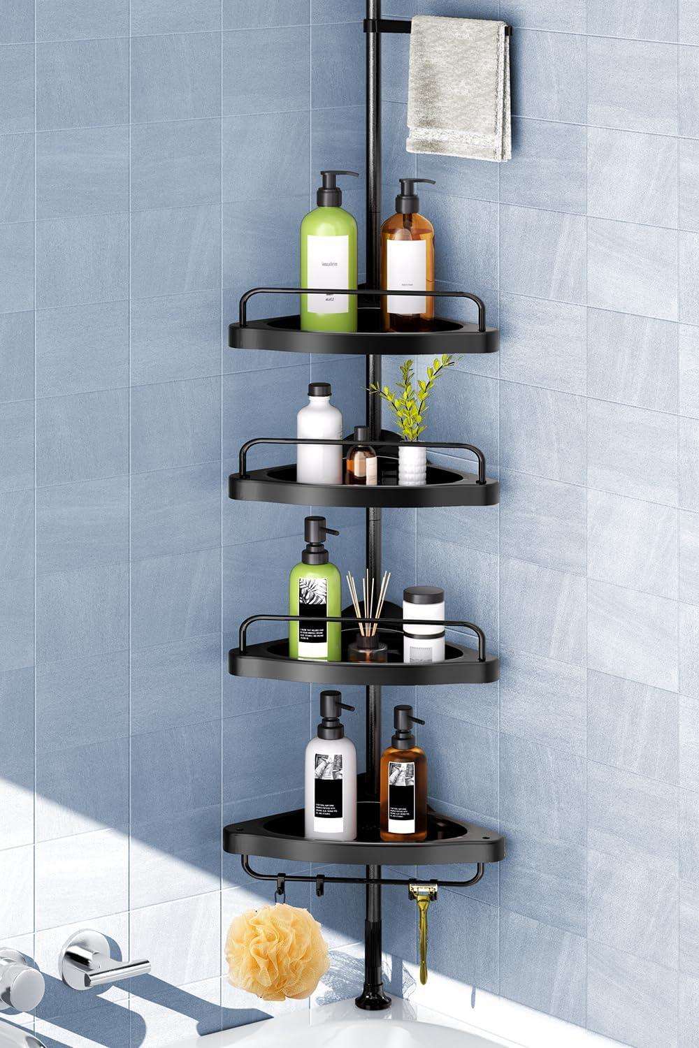 Corner Shower Caddy Tension Pole: Adjustable Stainless Steel Shower Organizer with 4 Tier Shelf for Bathroom Bathtub Tub Shampoo -Floor Standing Rack Bath Storage Holder with Rust Proof Rods - Black