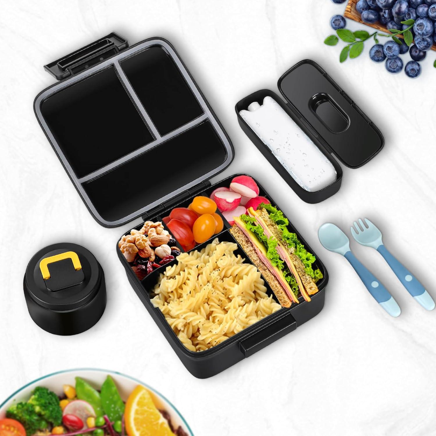 Bento Lunch Box for Kids With 8oz Soup thermo,Leak-proof Lunch Containers with 5 Compartment,thermo Food Jar and Lunch Bag, Food Containers for School (A-Black(Game Consoley))