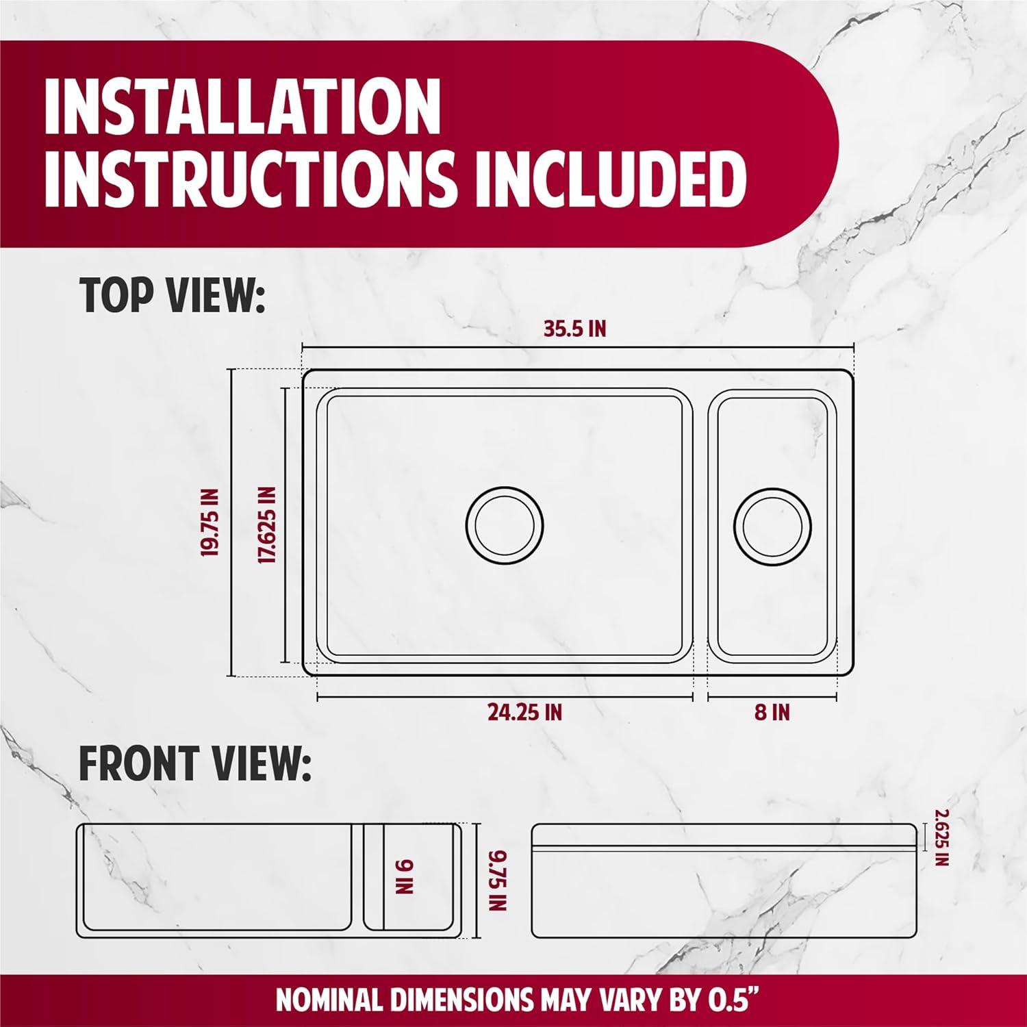 White Farmhouse Sink – 36" Farm Kitchen Sink with Apron, Fireclay, Made in Italy – Double Bowl, Sturdy, Reversible, Undermount, Scratch Resistant, Easy to Clean HP-FC9010-W