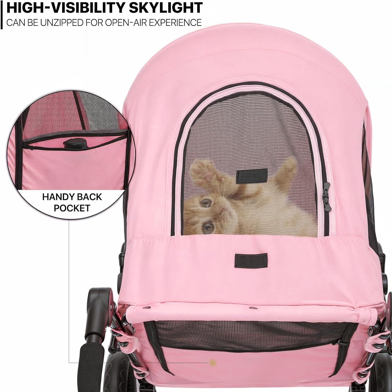 MoNiBloom Folding 3 Wheel Pet Stroller, Foldable Dog Jogger Stroller with Adjustable Handlebar and Mesh Window