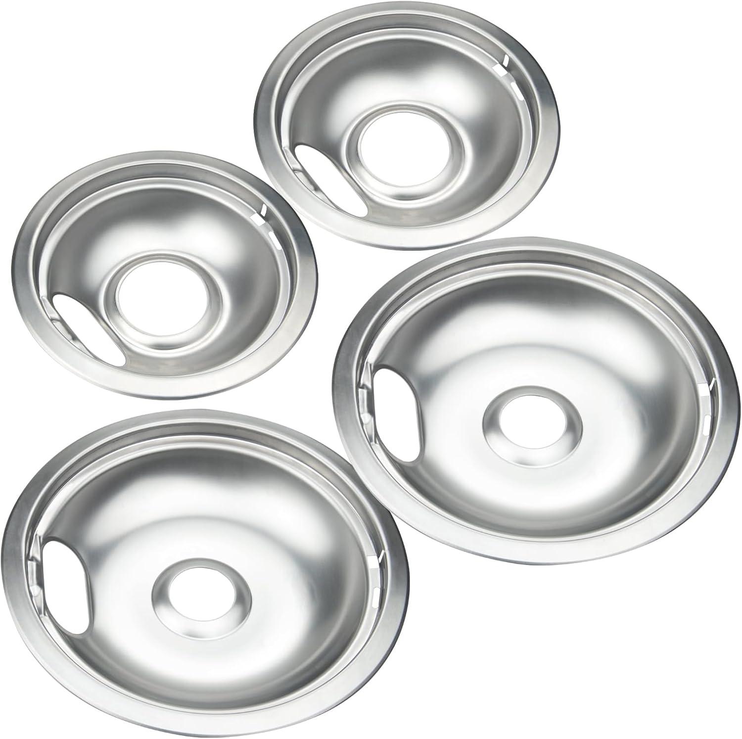 4 Pcs Stove Burner Drip Pans Chrome Replacement for Whirlpool Amana Maytag Magic-Chef Kenmore GE Electric Range  2 x 6" 2 x 8"