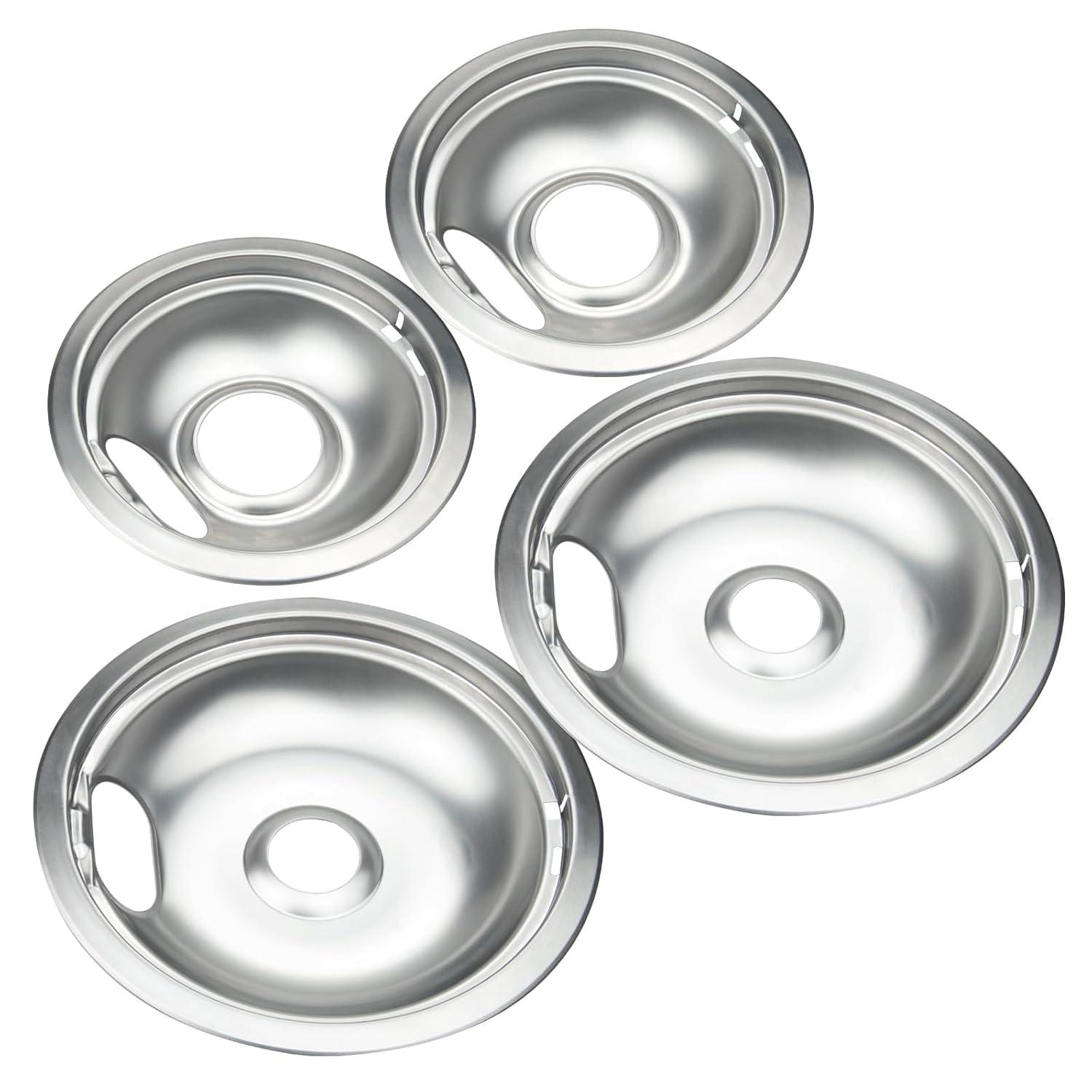 4 Pcs Stove Burner Drip Pans Chrome Replacement for Whirlpool Amana Maytag Magic-Chef Kenmore GE Electric Range  2 x 6" 2 x 8"