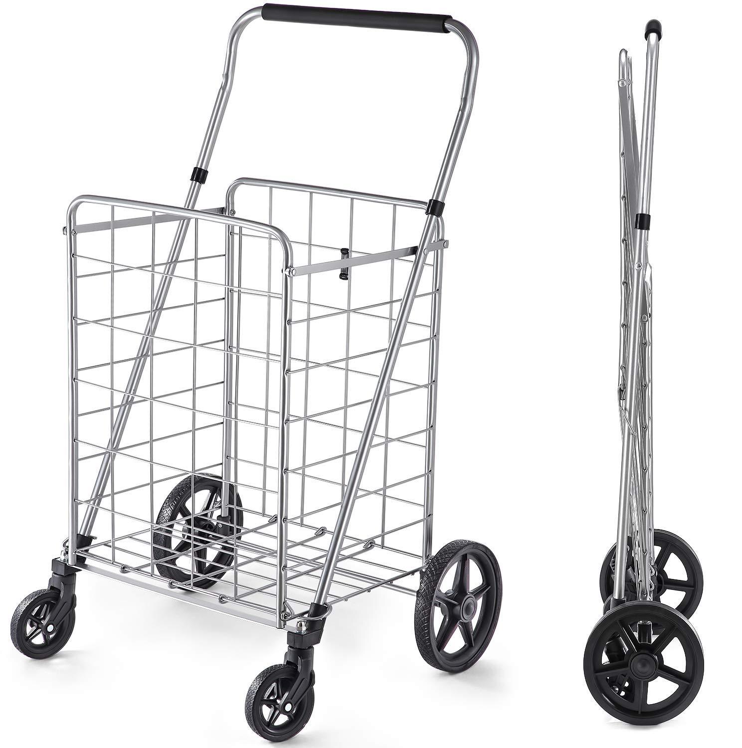 Wellmax Grocery Shopping Cart with Swivel Wheels, Foldable and Collapsible Utility Cart with Adjustable Height Handle, Heavy Duty Light Weight Trolley