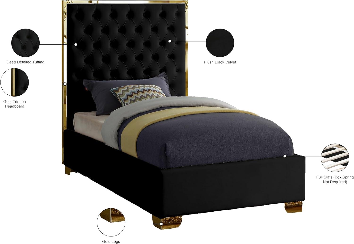 Lana Black Velvet Queen Bed-Color:Black Velvet,Finish:Gold,Style:Contemporary