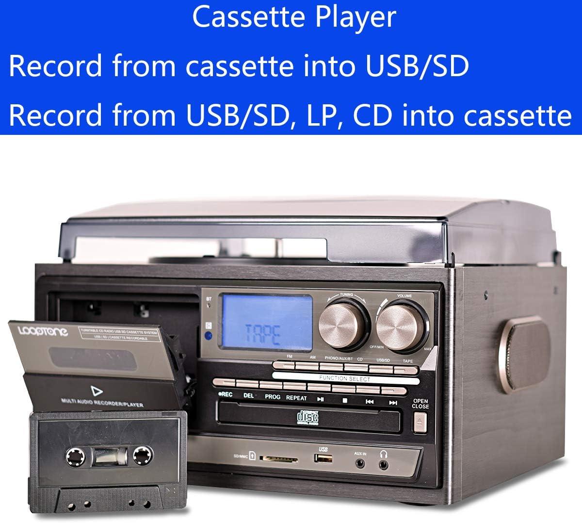 Record Player 9 in 1 3 Speed Bluetooth Vintage Turntable CD Cassette Vinyl Player AM/FM Radio USB/SD Encoding Aux-in RCA Line-Out (Silver)