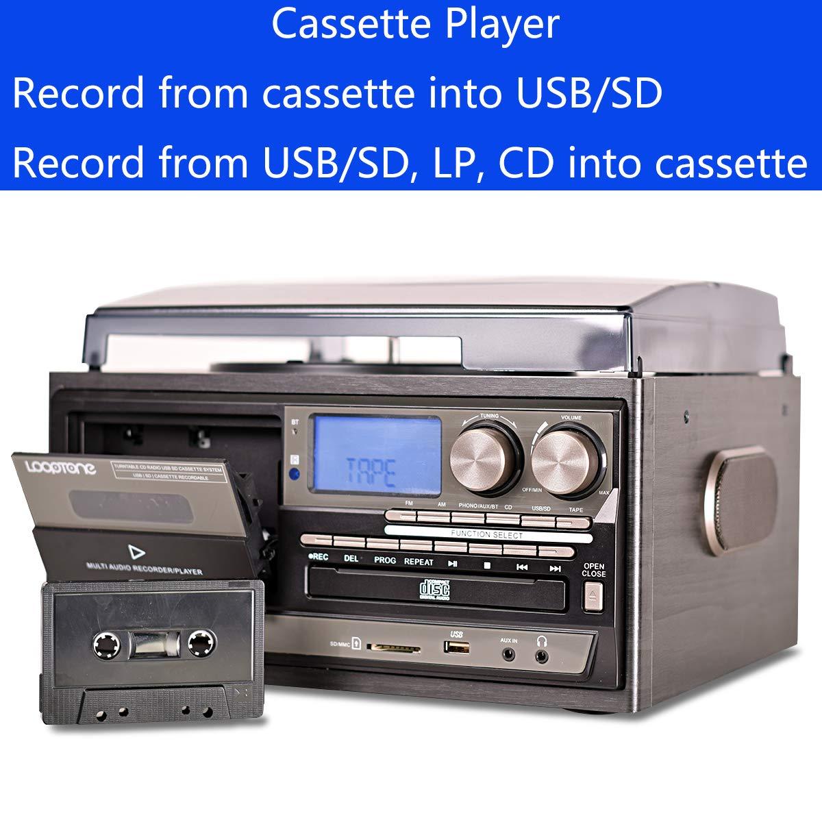 Record Player 9 in 1 3 Speed Bluetooth Vintage Turntable CD Cassette Vinyl Player AM/FM Radio USB/SD Encoding Aux-in RCA Line-Out (Silver)