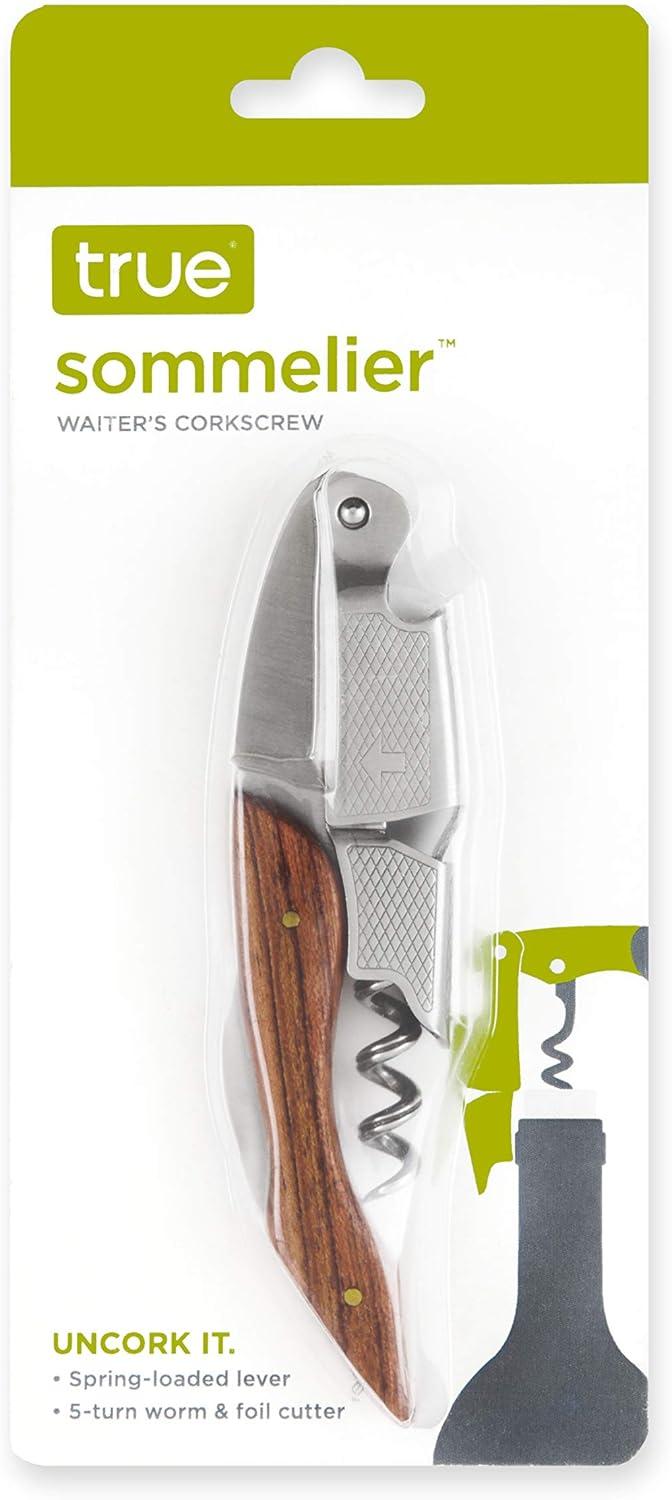 True Sommelier Waiter Corkscrew Spring Loaded Double Lever Wine Opener Waiters Bartender Accessory, Stainless Steel and Wood, Set of 1