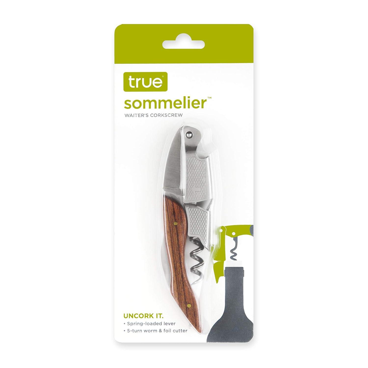 True Sommelier Waiter Corkscrew Spring Loaded Double Lever Wine Opener Waiters Bartender Accessory, Stainless Steel and Wood, Set of 1