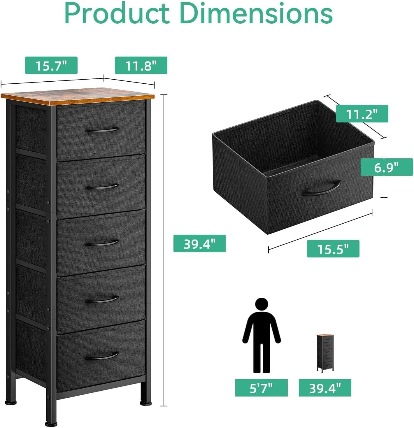 Dresser for Bedroom with 5 Storage Drawers, 40" Small Dresser Chest of Drawers Fabric Dresser with Sturdy Steel Frame, Black