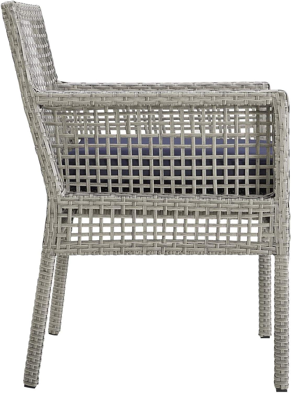 Gray Wicker Rattan Outdoor Dining Chairs with Navy Cushions