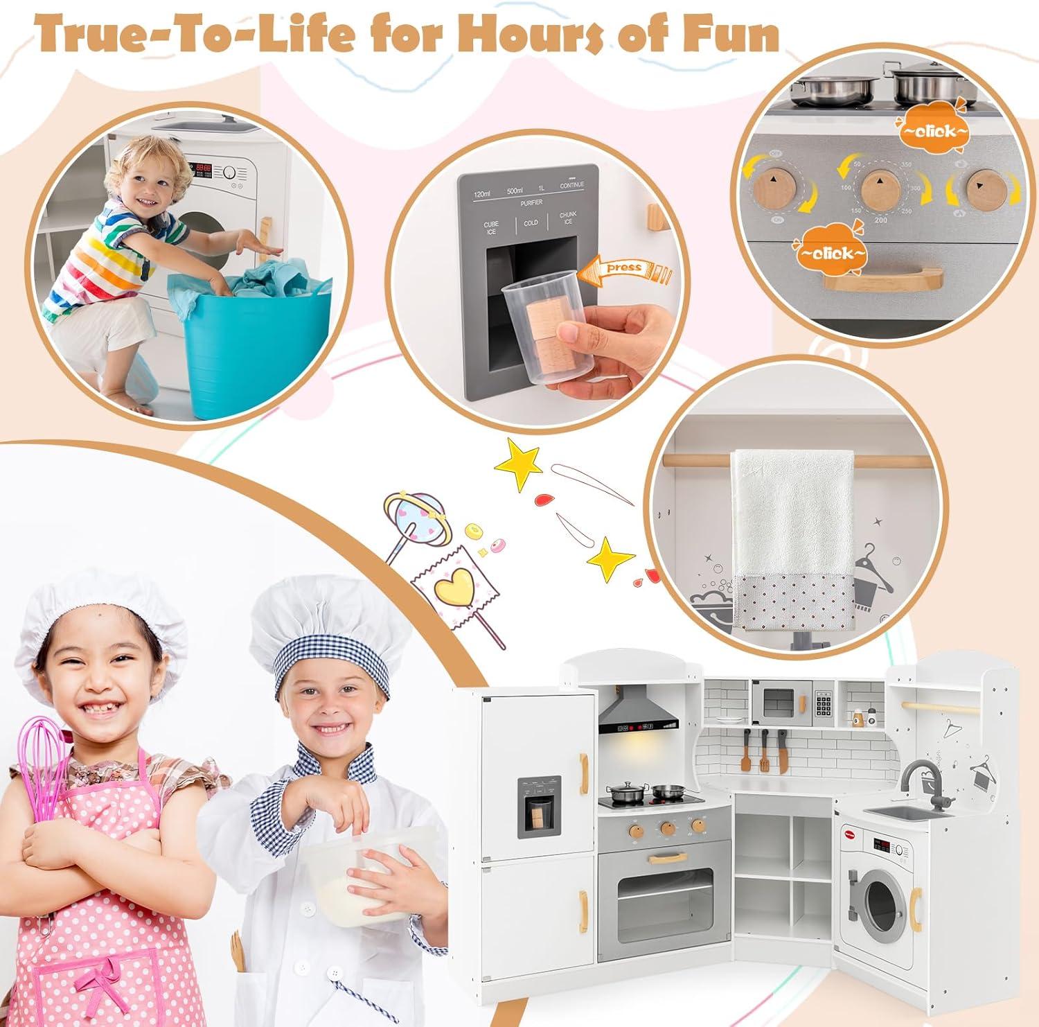 YYAo Kids Kitchen Playset, Pretend Play Kitchen for Toddlers, Toy Kitchen Set, Corner Kids Play Kitchen with Washing Machine and Ice Maker Gift for Boys Girls