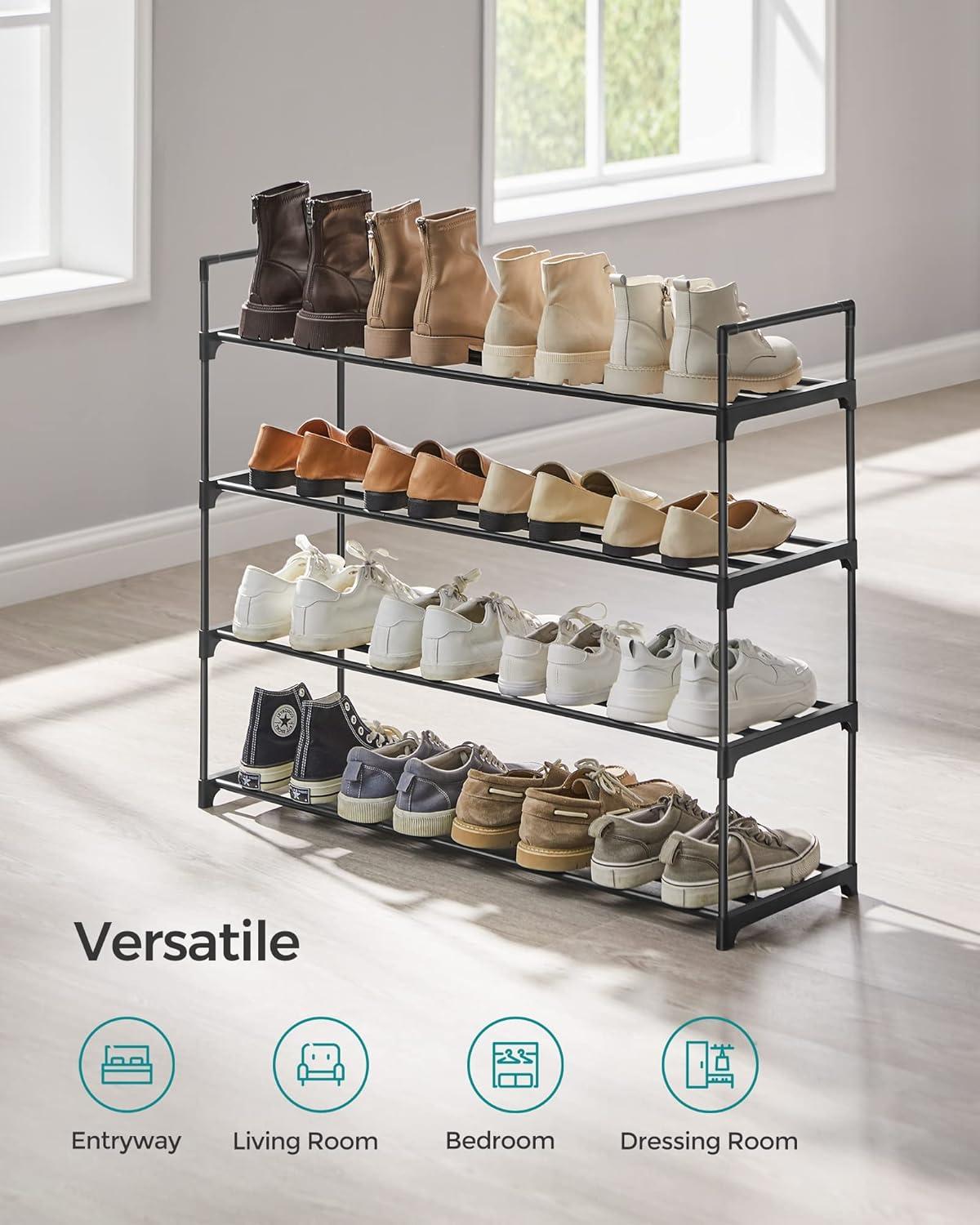 Black 4-Tier Metal and Plastic Stackable Shoe Rack