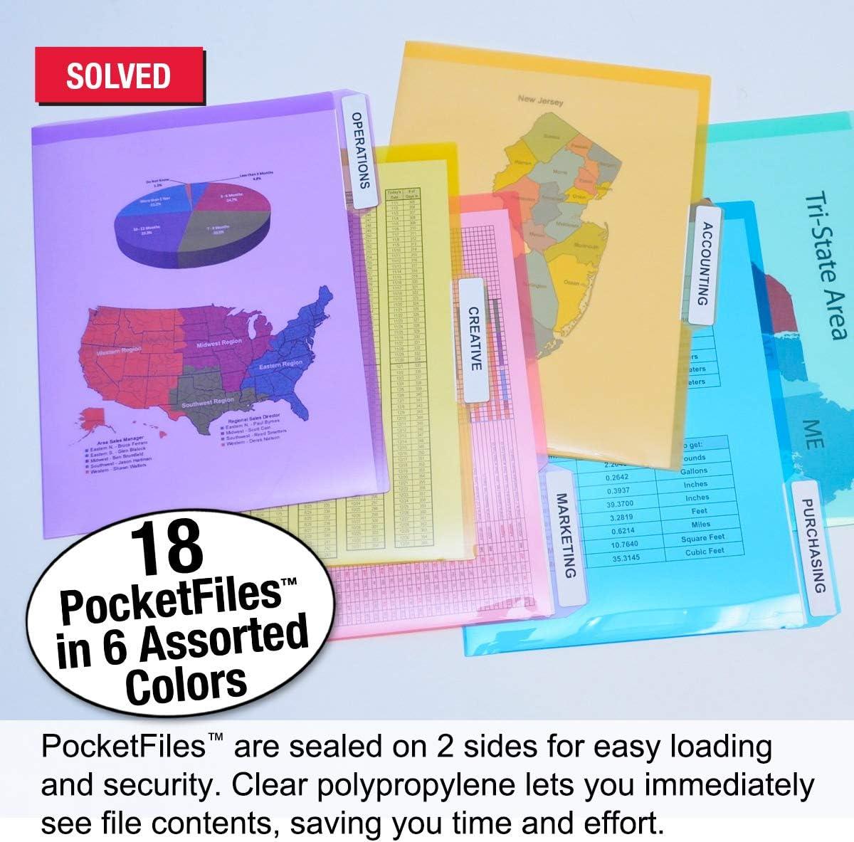 Ultimate Office PocketFile™ Clear Poly Document Folder Project Pockets, 3rd-Cut, Letter Size, in 6 Assorted Colors, Set of 18