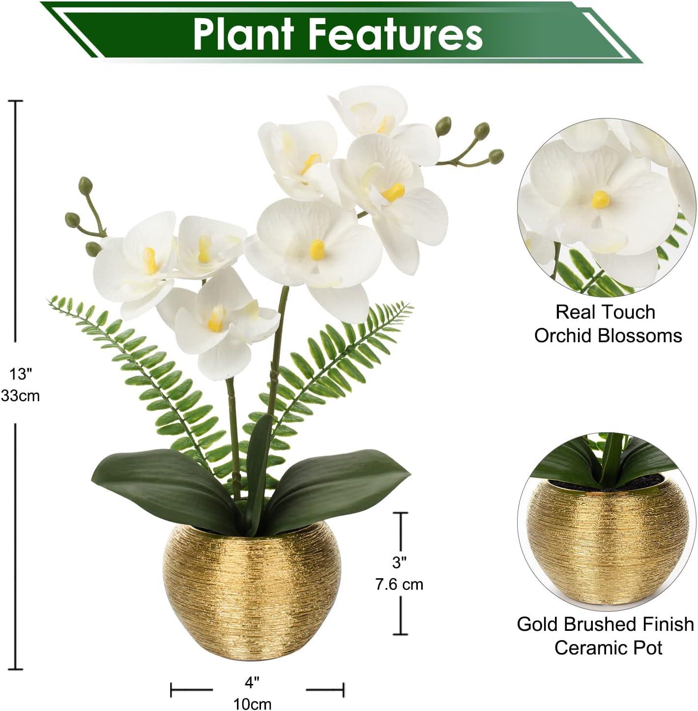 Briful Orchids Artificial Flowers 13'' Fake Orchid Flowers in Gold Ceramic Vase Silk Phalaenopsis White Orchid Flowers for Home Office Wedding Party Table Centerpiece Decor