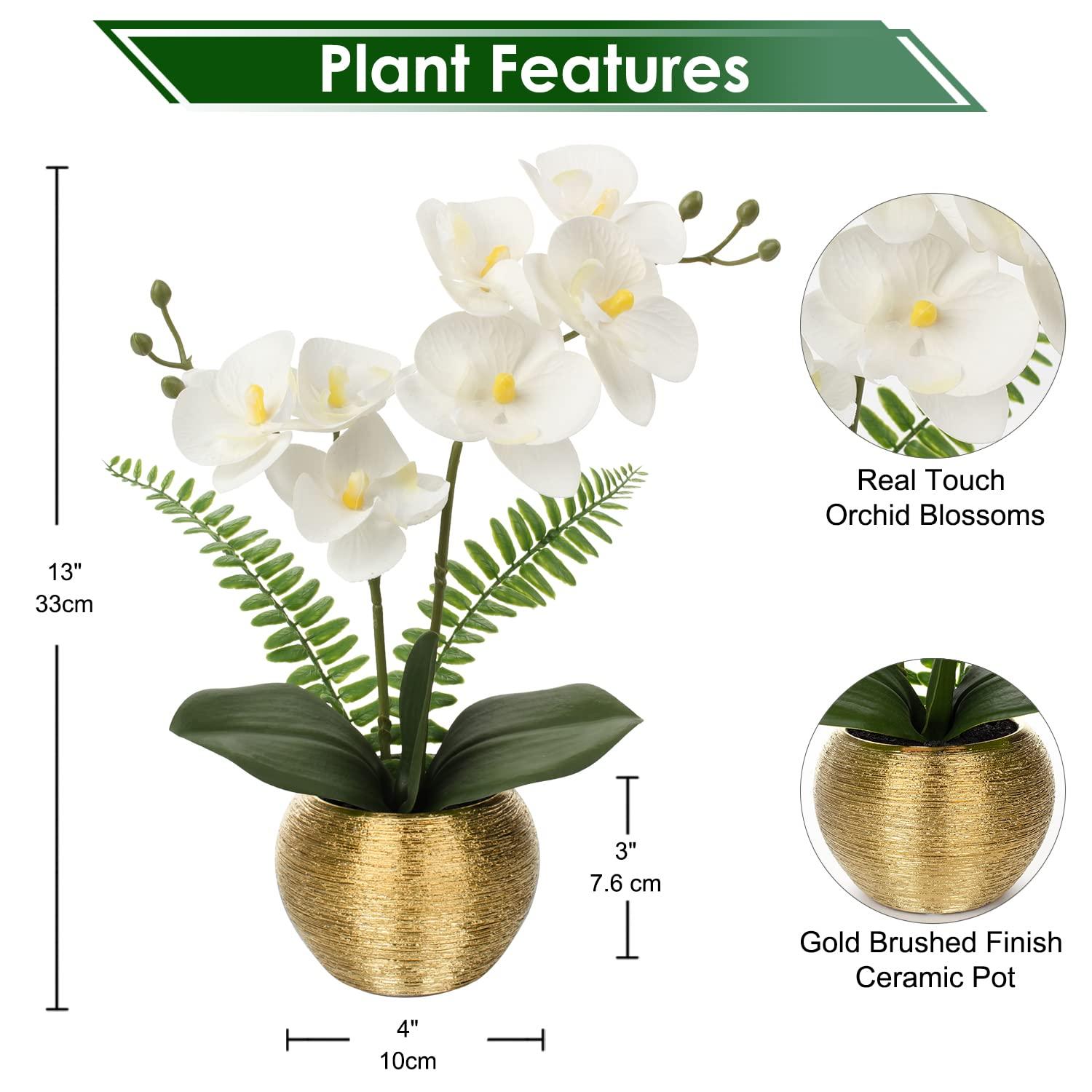 Briful Orchids Artificial Flowers 13'' Fake Orchid Flowers in Gold Ceramic Vase Silk Phalaenopsis White Orchid Flowers for Home Office Wedding Party Table Centerpiece Decor