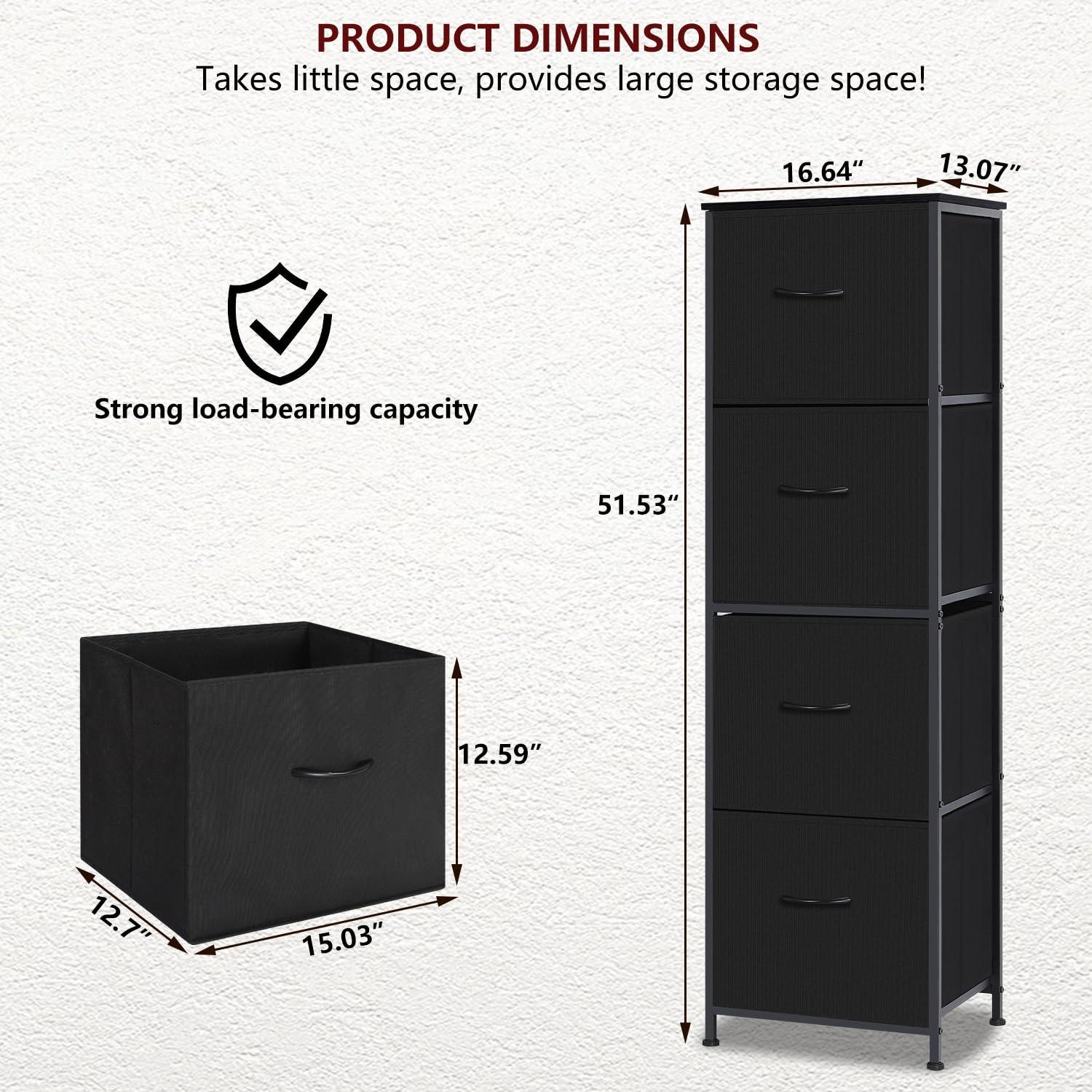 ZUNMOS 4 Drawer Fabric Dresser for Bedroom, Tall Chest of Drawer Organizer Storage Cabinet for Closet, Entryway, Black