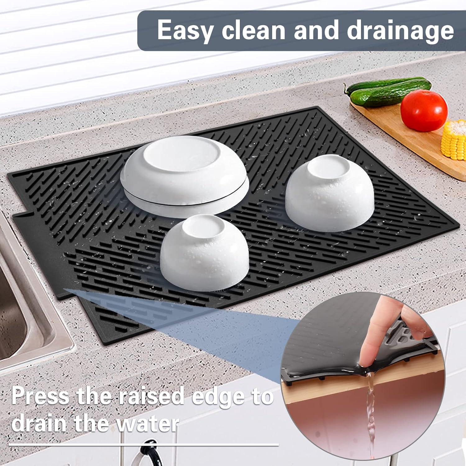 Silicone Dish Drying Mat with Built-in Drain Lip | Non-Slip & Heat-Resistant | Easy Clean Sink Pad for Sturdy Kitchen Organization | BPA Free