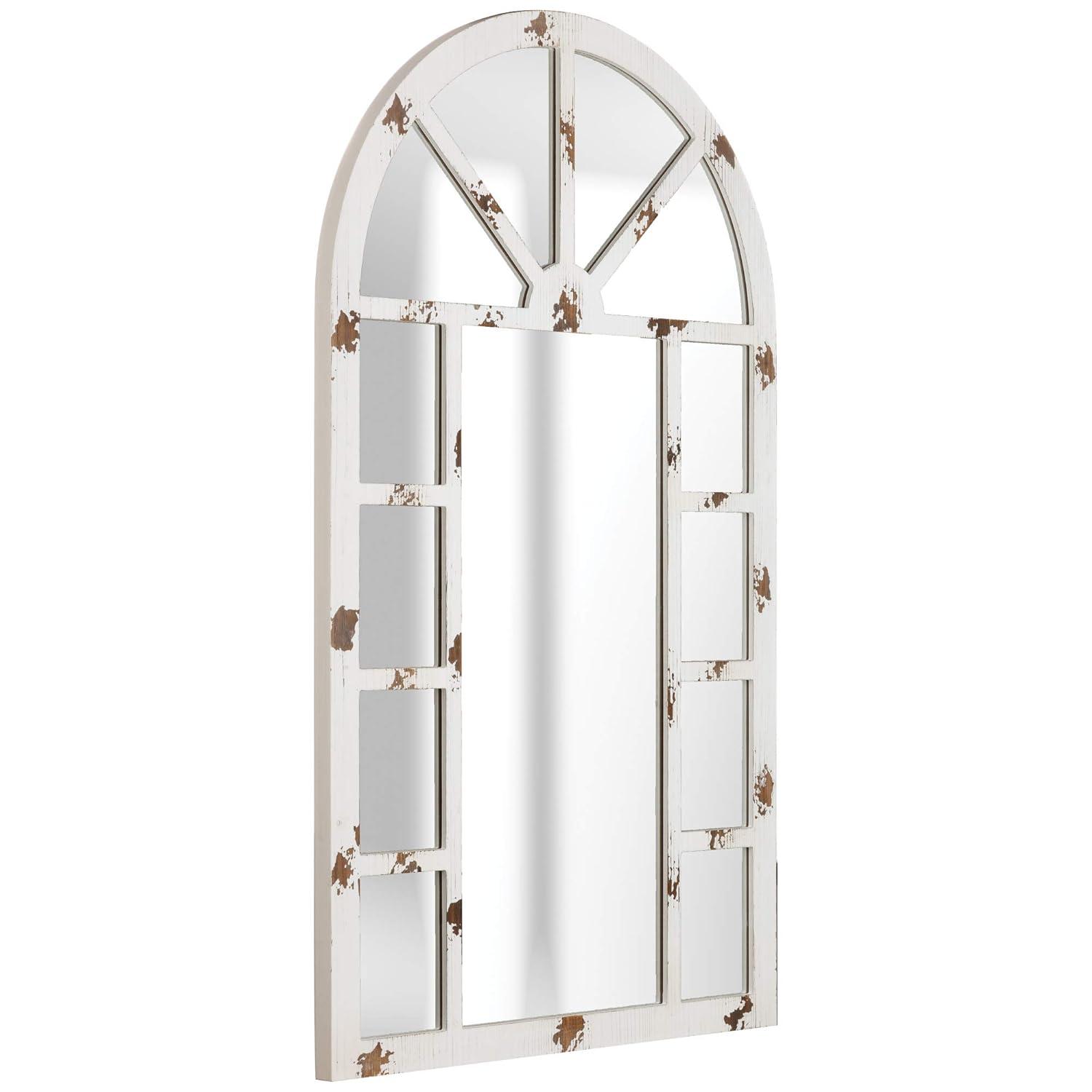 Patton Wall Decor Arch Windowpane Wall Mirror, Distressed White, 24x40"
