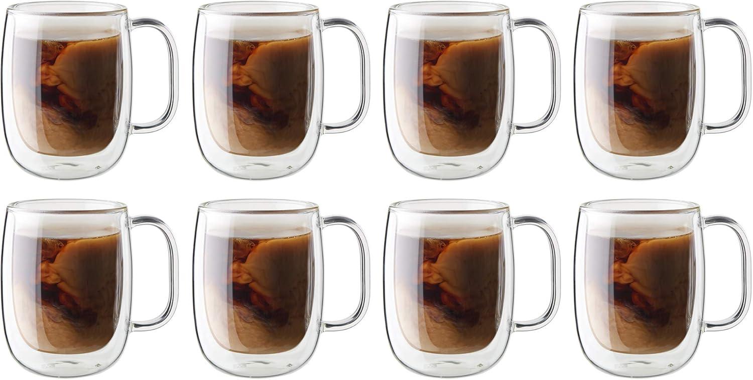 Clear Double-Wall Glass Coffee Mug Set with Handles, 12 oz, 8-Piece