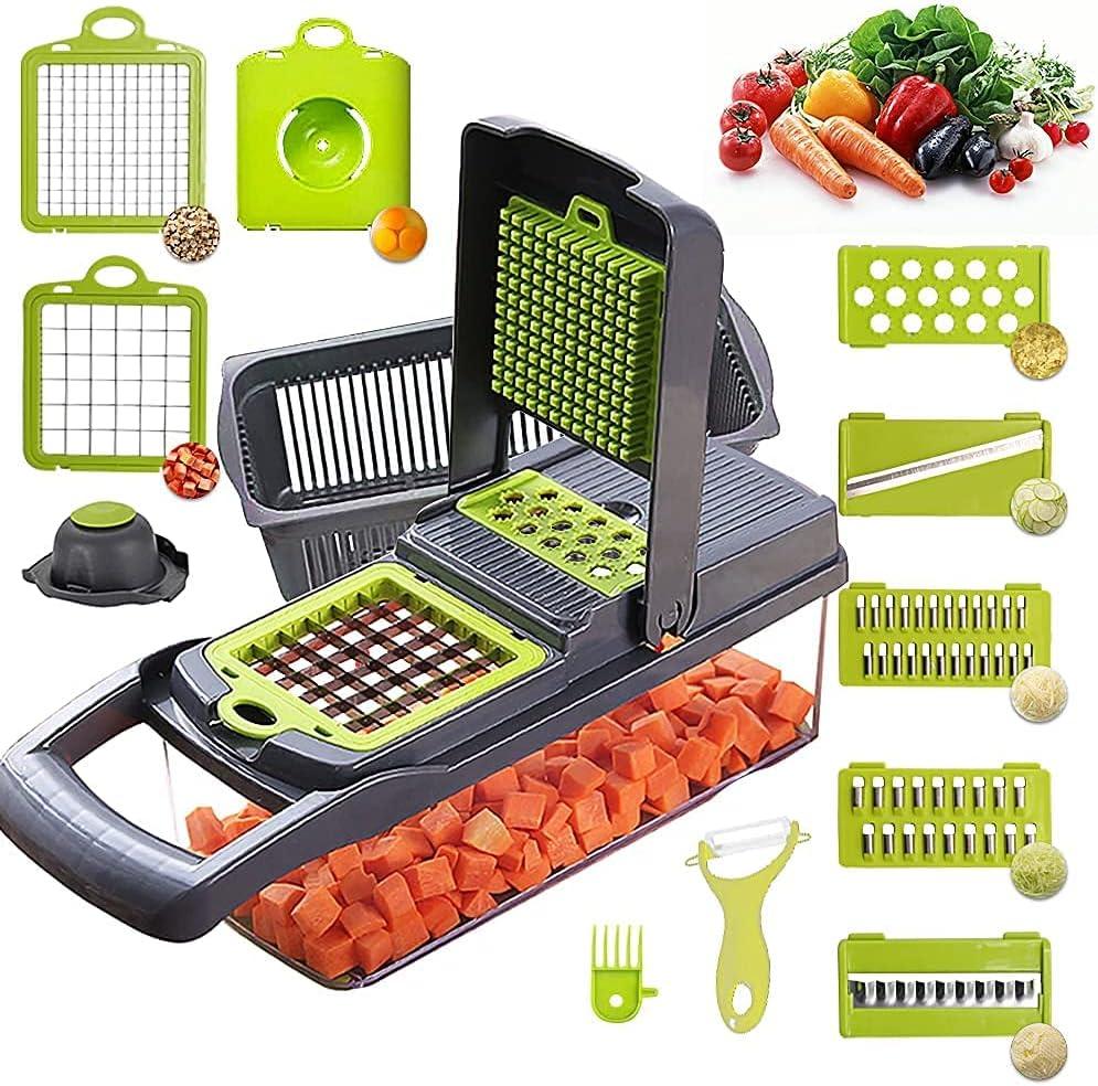 11-in-1 Green and Gray Multifunctional Vegetable Chopper with Container