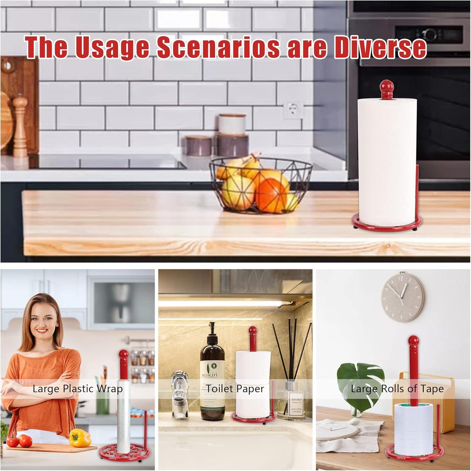 Vintage Paper Towel Holder Countertop - Cast Iron Standing Roll Paper Towel Dispenser with Elegant and Heavy Daffodil Pattern Base for Kitchen Décor, Red