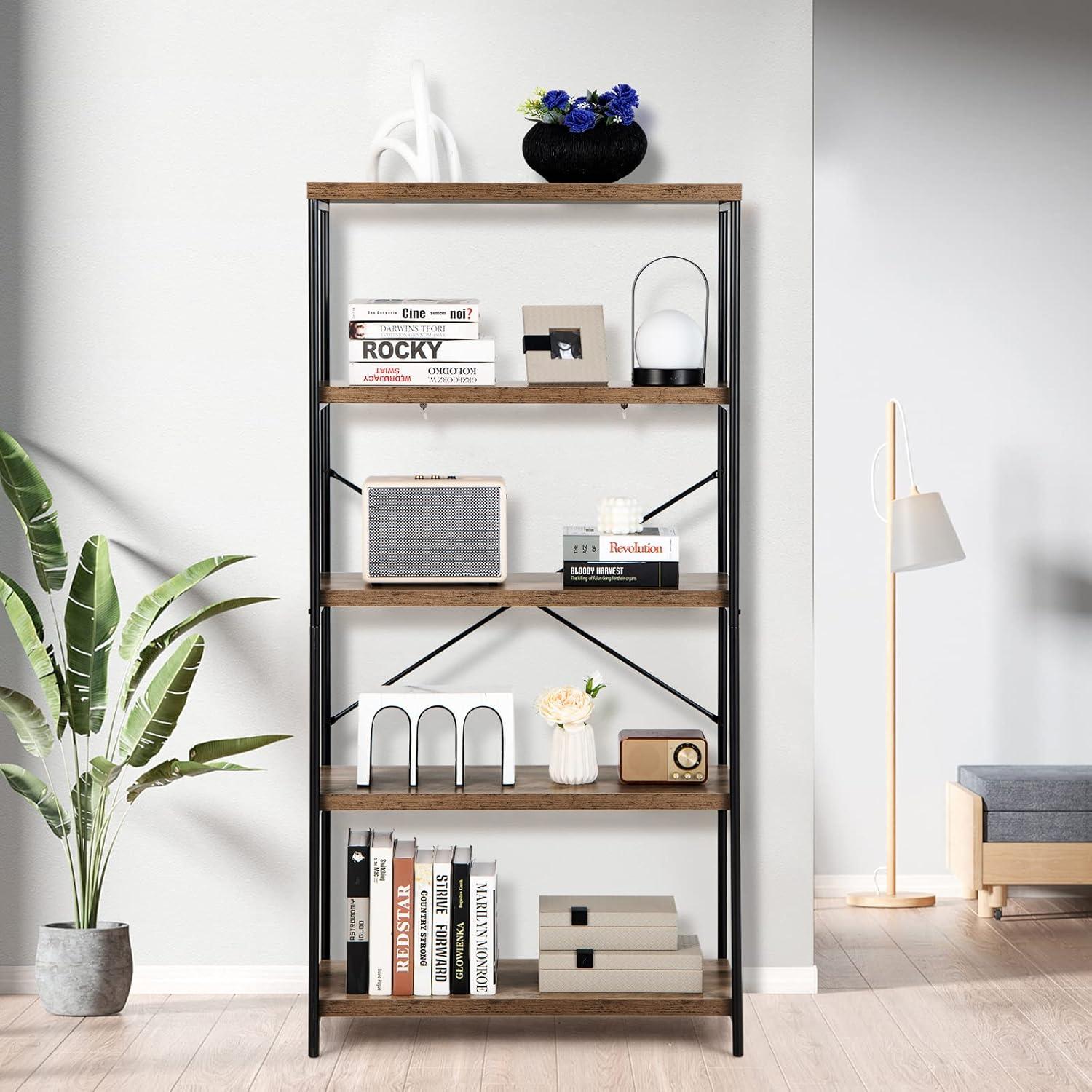 Rustic Brown Wood and Metal 5-Tier Bookcase