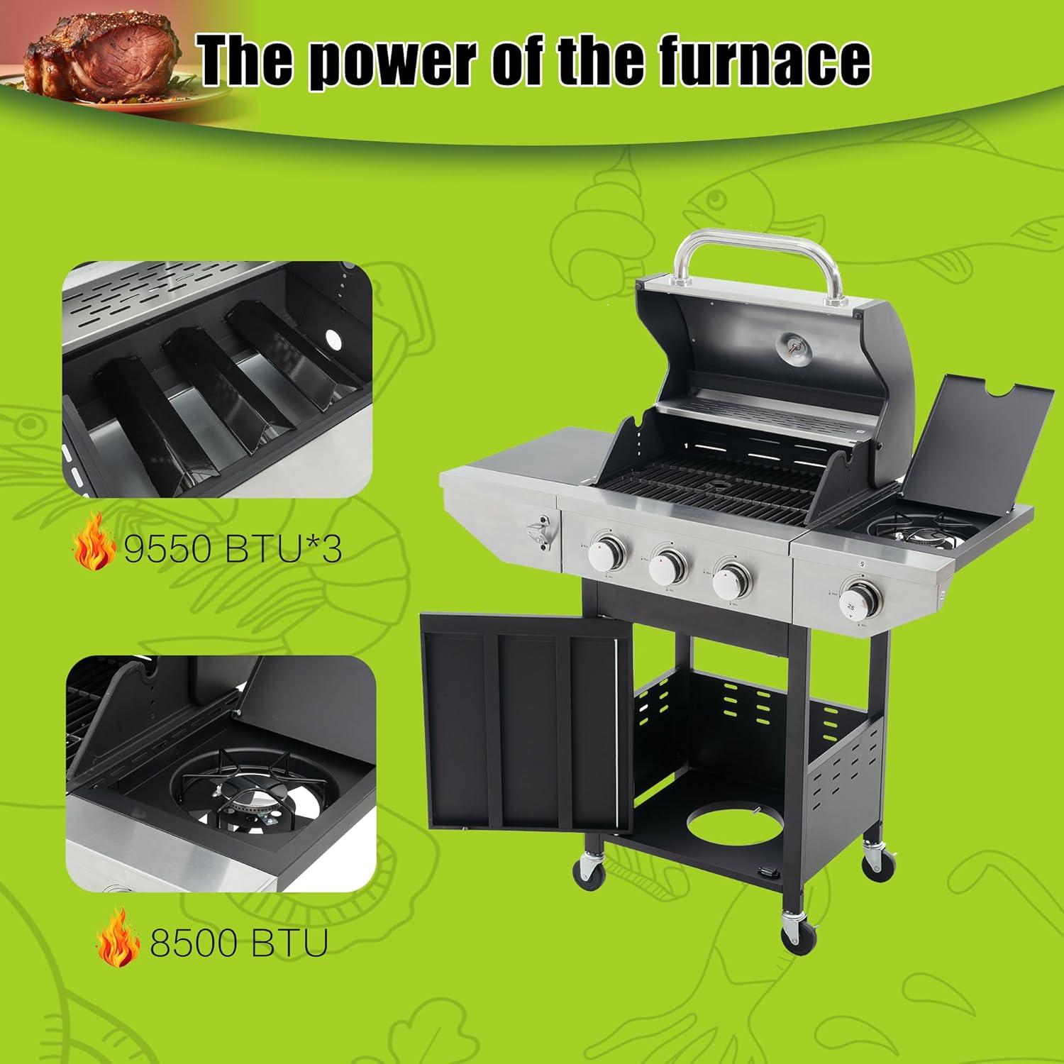 Propane Grill 3 Burner Stainless Steel BBQ Gas Grill with Side Burner, Thermometer, and Even Heating Cast Iron Grates for Outdoor BBQ and Camping