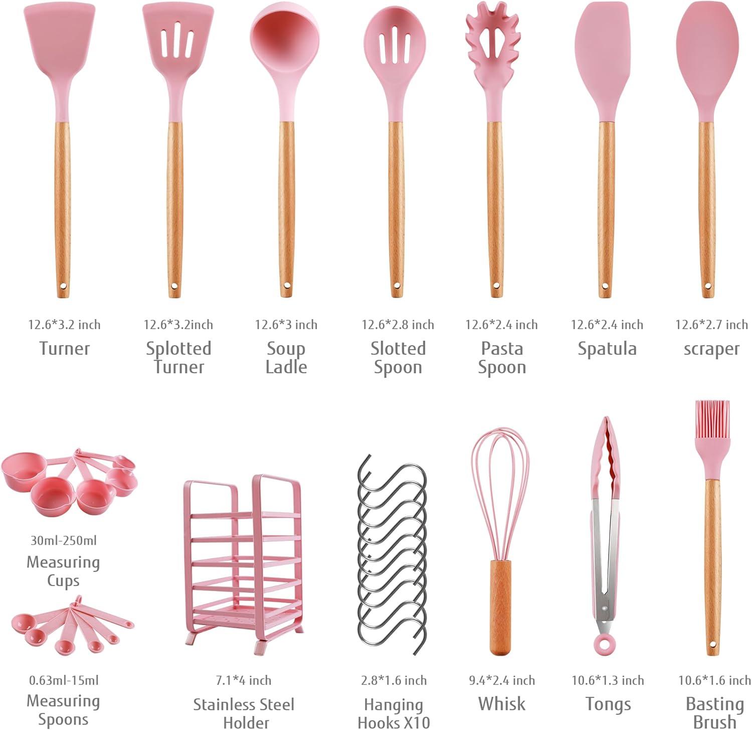 32-Piece Pink Silicone and Wood Kitchen Utensil Set