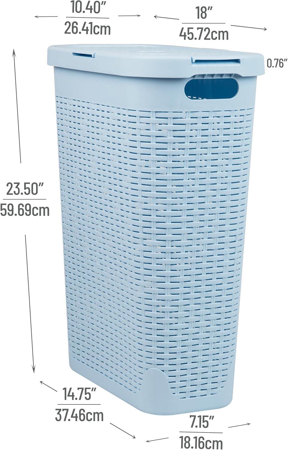 Baby Blue Slim Wicker Plastic Laundry Hamper with Lid