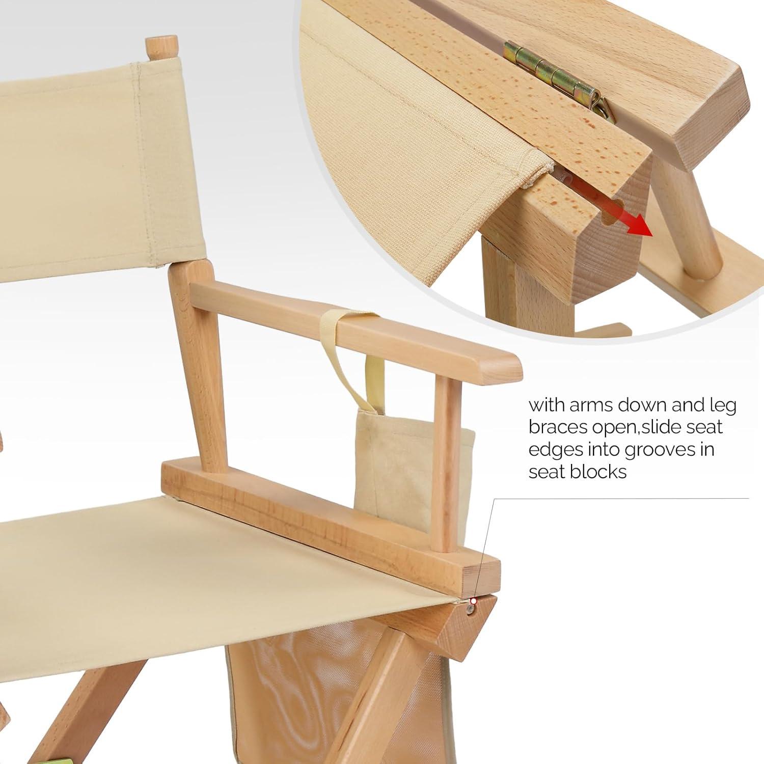 OmySalon Professional Folding Makeup Artist Chair - 31" Tall Heavy Duty Director Chair for Studio & On-The-Go Use | 250lbs Capacity, Apricot Canvas with Storage Bags, Footrest & Solid Hardwood Frame