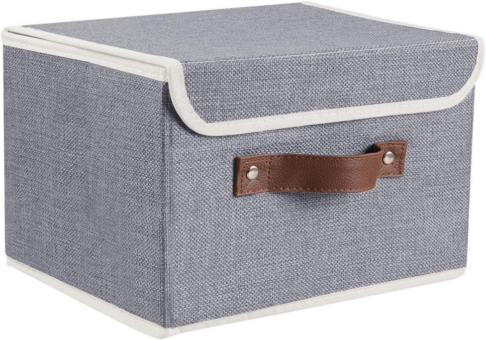 Gray Collapsible Fabric Storage Cubes with Lids and Faux Leather Handles