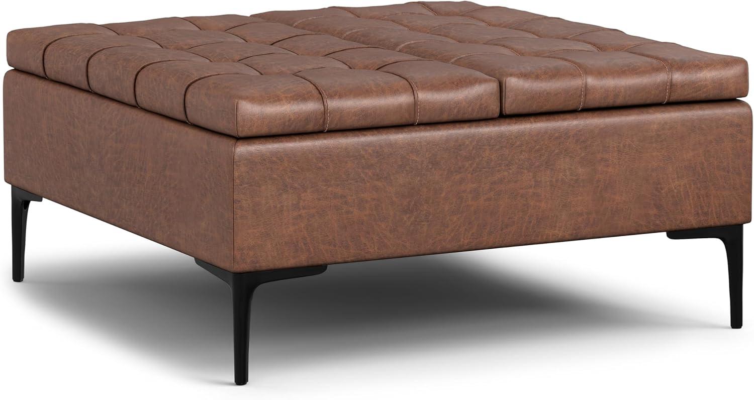 Simpli Home Laura 36 inch Wide Mid Century Square MidÂ CenturyÂ Lift TopÂ Storage Ottoman in Distressed Saddle Brown Vegan Faux Leather