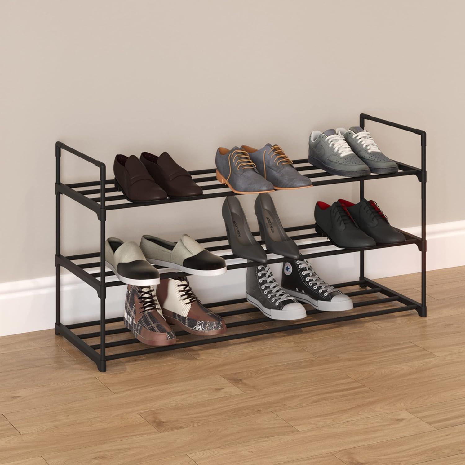 Shoe Rack - 3-Tier Shoe Organizer for Closet, Bathroom, Entryway - Shelf Holds 15 Pairs Sneakers, Heels, Boots by Home-Complete (Black)