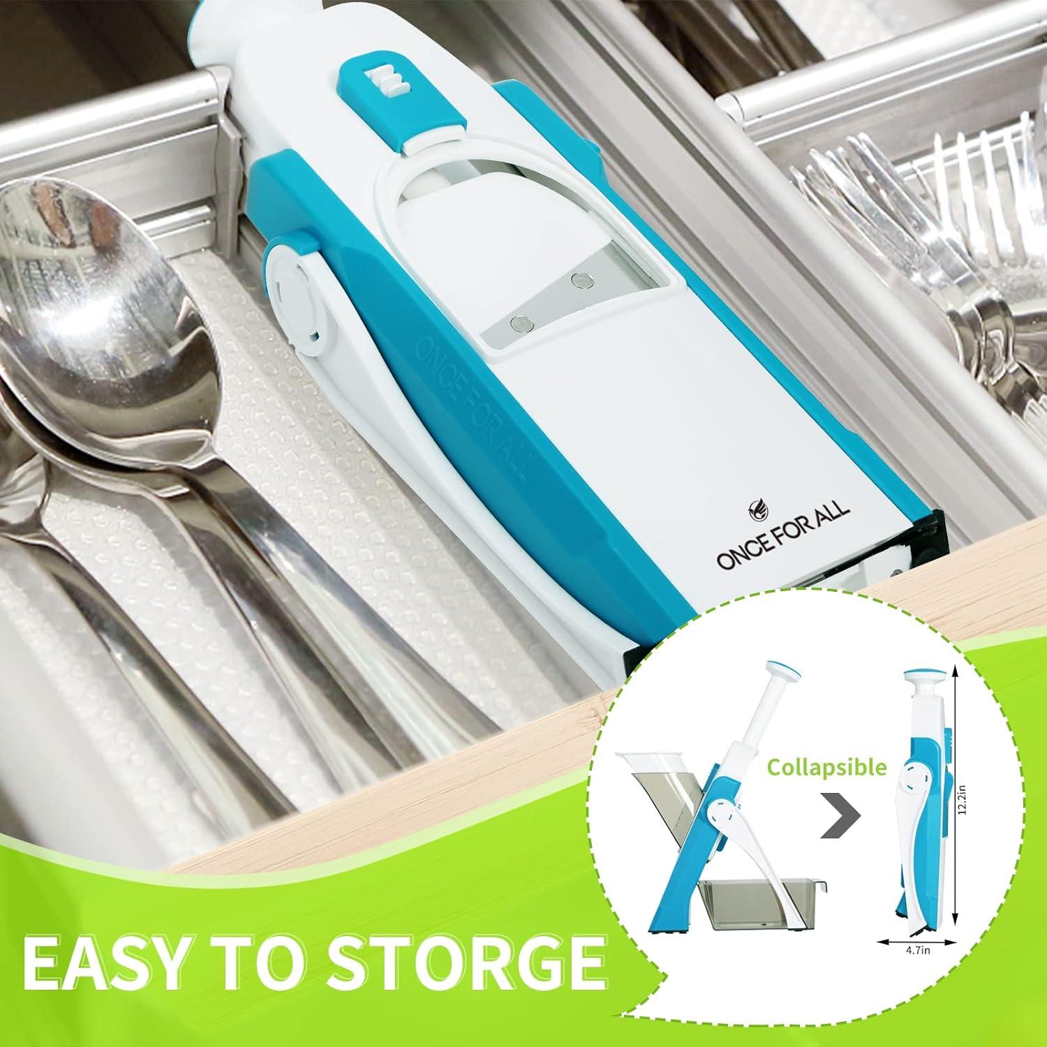 ONCE FOR ALL Safe Mandoline Slicer 5 in 1 Vegetable Cutter, Strips Julienne Dicer Adjustable Thickness 0.1-8 mm for Kitench Fast Meal Prep (Light Blue)