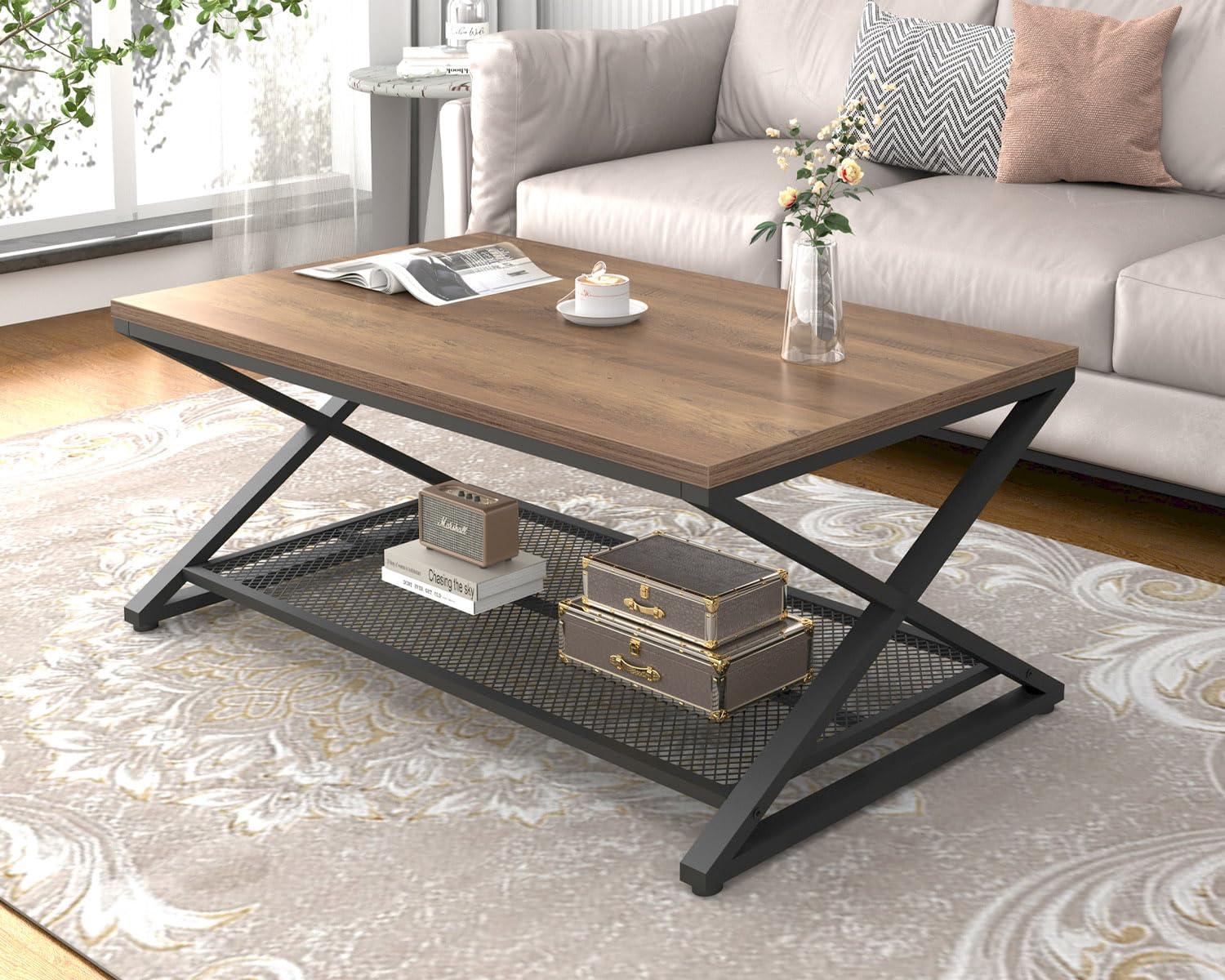 47 Inch Table with Storage Shelf, 2 Tier Rectangle Center Table Minimalist Home Tea Coffee Table