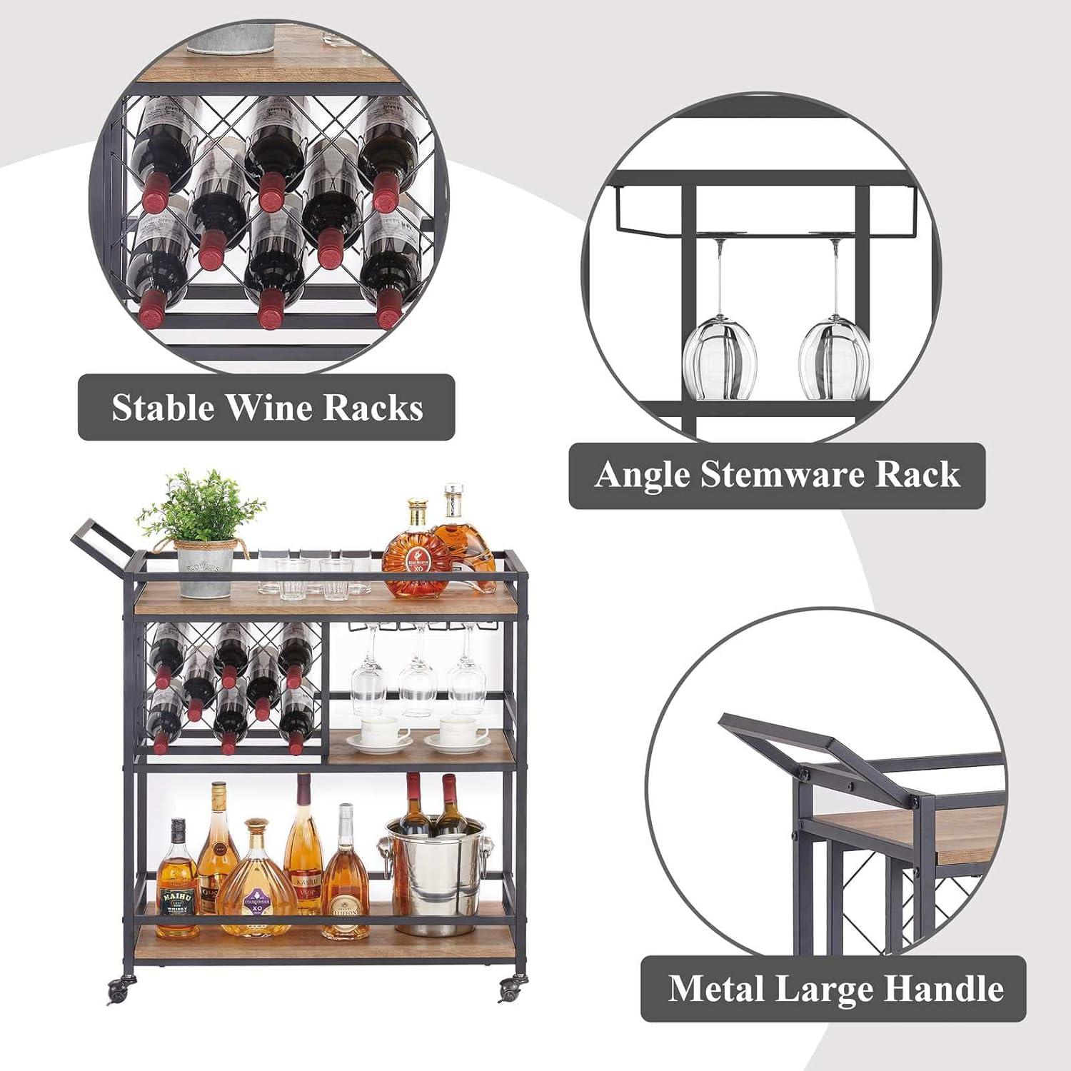 Rustic Oak 3-Tier Rolling Bar Cart with Wine Rack and Glass Holder