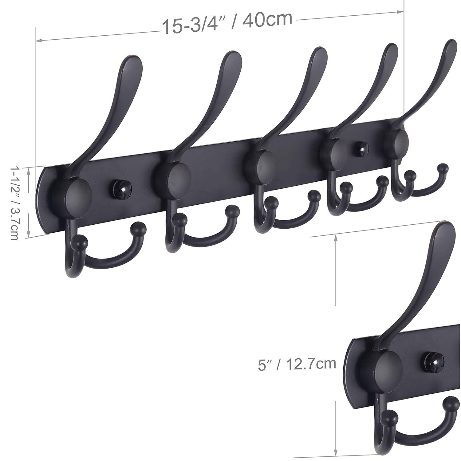 WEBI Coat Rack Wall Mount,5 Tri Hooks for Hanging,Coat Hooks Wall Mount,Hook Rack Rail,Coat Hanger Wall for Jacket,Clothes,Hats,Black,2 Packs