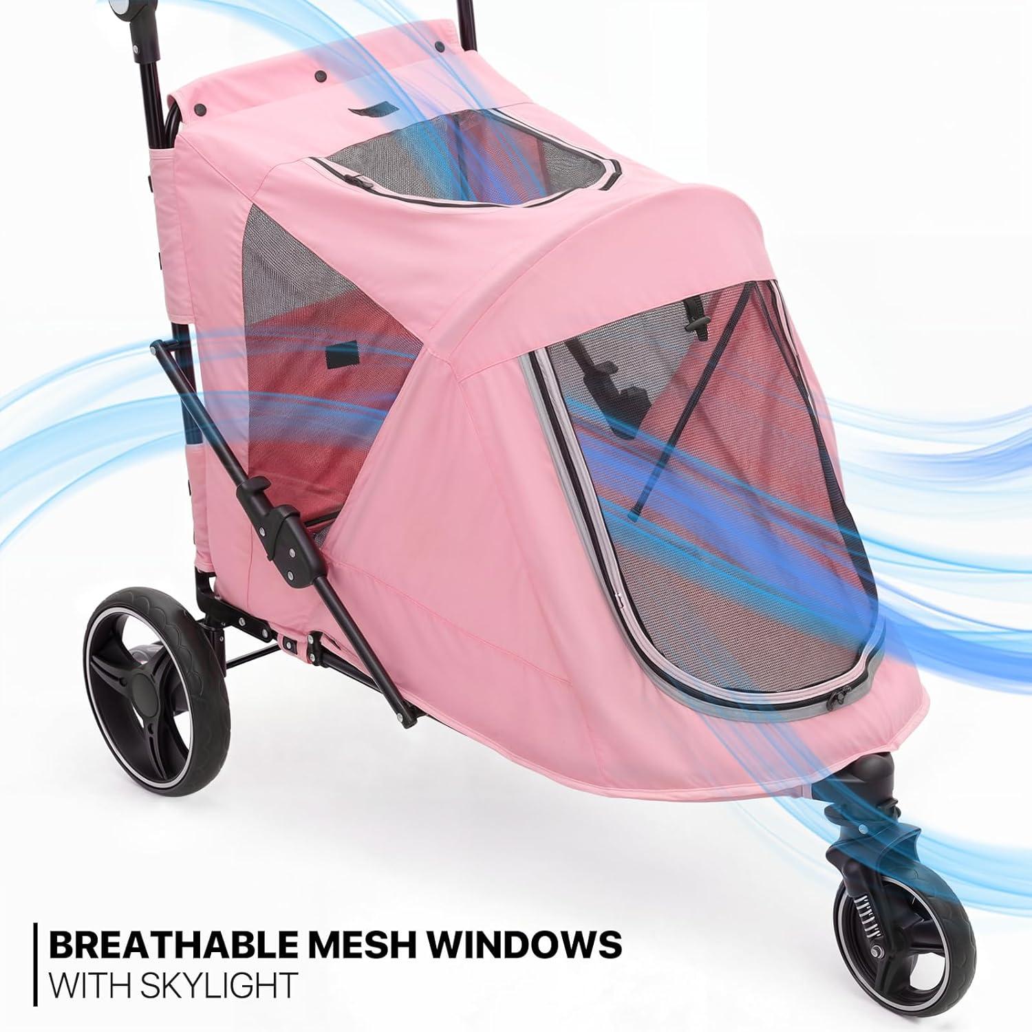 MoNiBloom Folding 3 Wheel Pet Stroller, Foldable Dog Jogger Stroller with Adjustable Handlebar and Mesh Window
