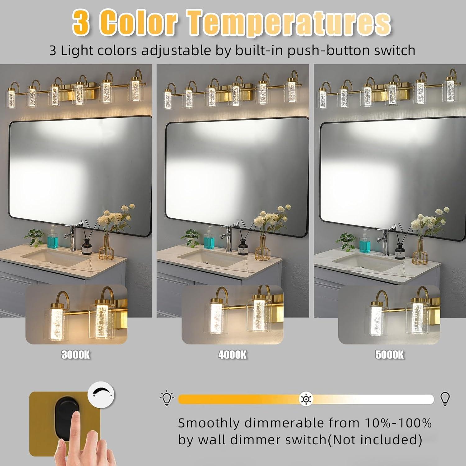 Litake 5 Light Brushed Gold Vanity Lights, Bathroom Light Fixtures Crystal Bubble Glass Dimmable 3 Color Temperatures Modern Wall Sconce for Bathroom Hallway Kitchen Bedroom Living Room