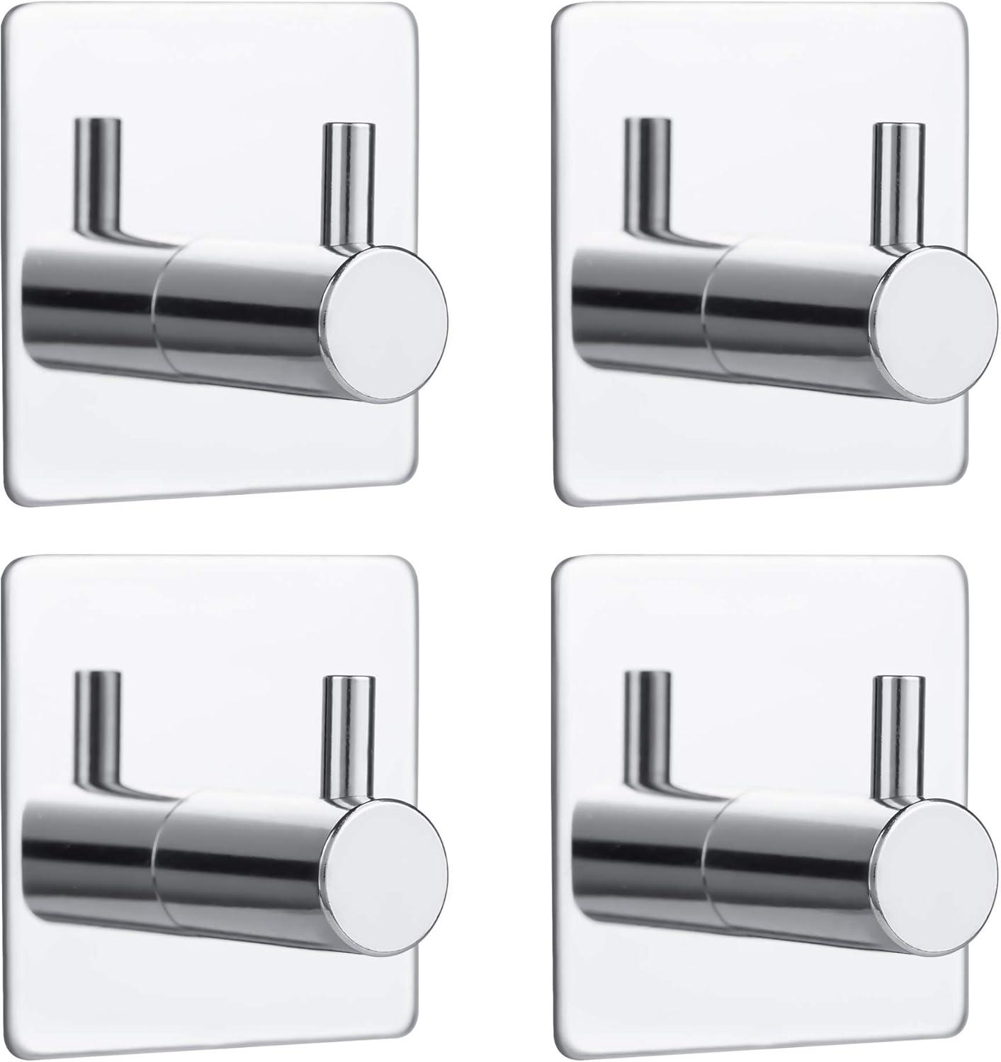 4 Pack Silver Adhesive Wall Hooks - Practical Rounded Corner Design - 304 Stainless Steel Bathroom Towel Hooks